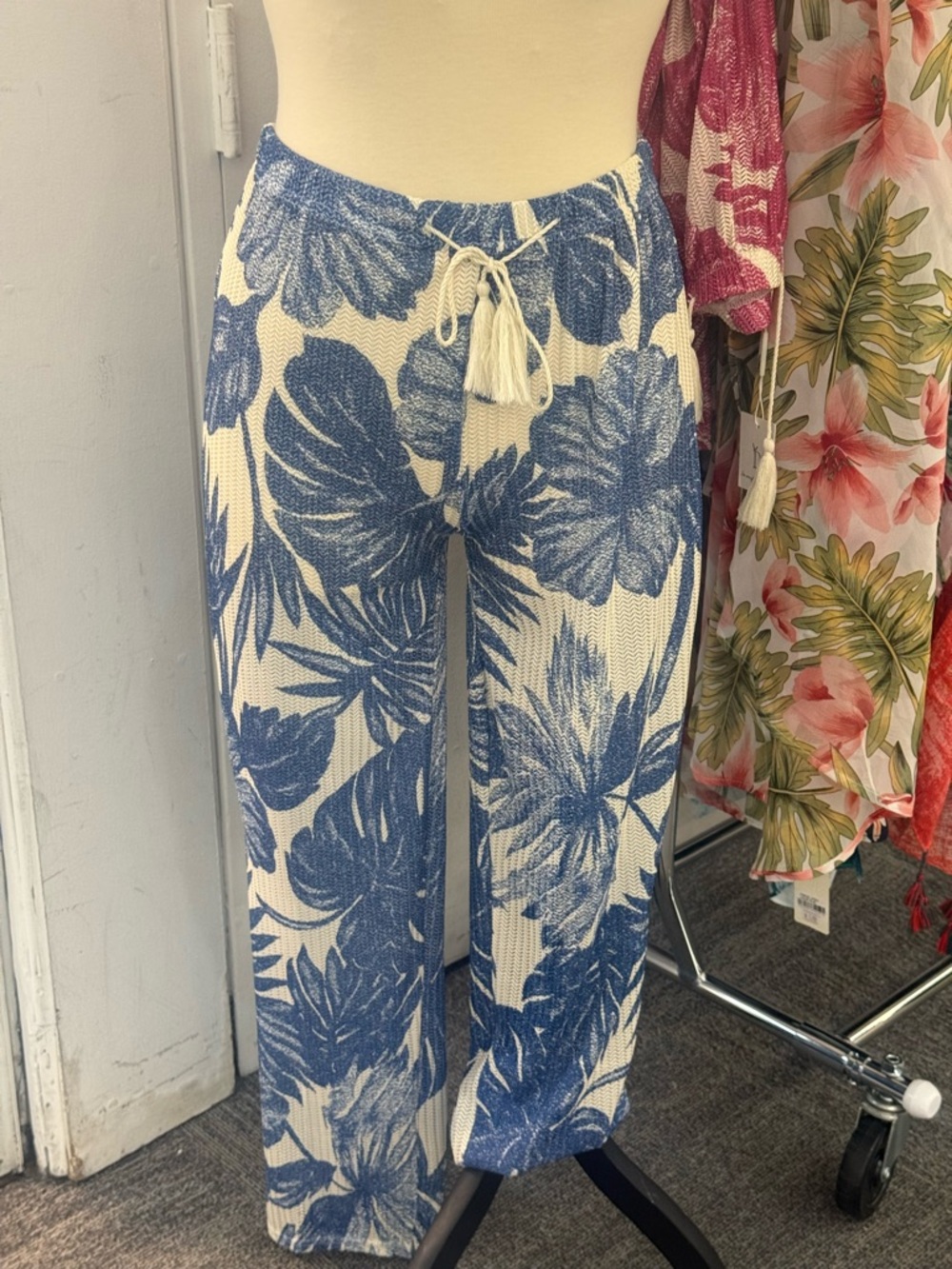 NWT Blue and White Tropical Print Sheer Beach Drawstring Pants